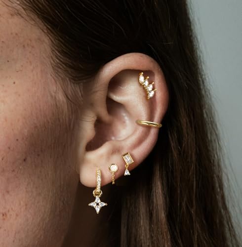 Gold Hoop Stud Earrings Stacks for Women,14K Gold Plated Chain Earring Sets,Hypoallergenic Drop Dangle Earrings for Women,20G Christmas Earring for Multiple Piercing2