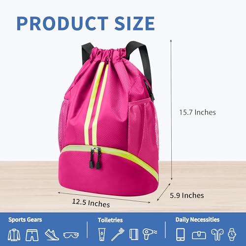 Image of JELUTAR Drawstring Backpack Gym Bag with Shoes Compartment, Rose