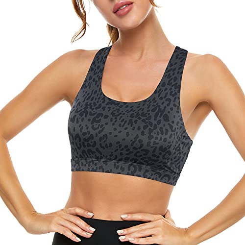 Image of Sports Bras for Women High Impact Support for Yoga Gym Running Workout Fitness Strappy Sports Bra with Padded Removable Cups, Grey Leopard Print, Large