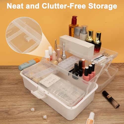 Image of VZZNN 2 Pack 3 Layer Plastic Storage Box Organizer with Handle, Portable Art Craft Supply Tool Box for Sewing, Medication, Hair Accessories, Nail, Office and Home Use - White