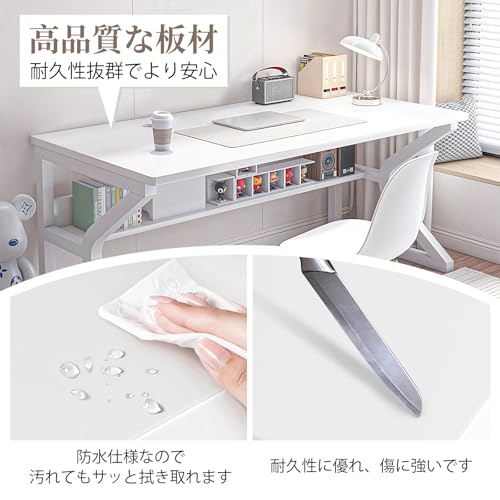 パソコンデスク デスク 幅100cm×奥行60高×さ75cm ラック付き 机 PCデスク 組立簡単 作業机 テレワーク オフィス 化粧台 ゲーミングデスク コンパクト設計 勉強机 一人暮らし 人間工学 省スペース 在宅勤務 日本語説明書付き ホワイト [4]