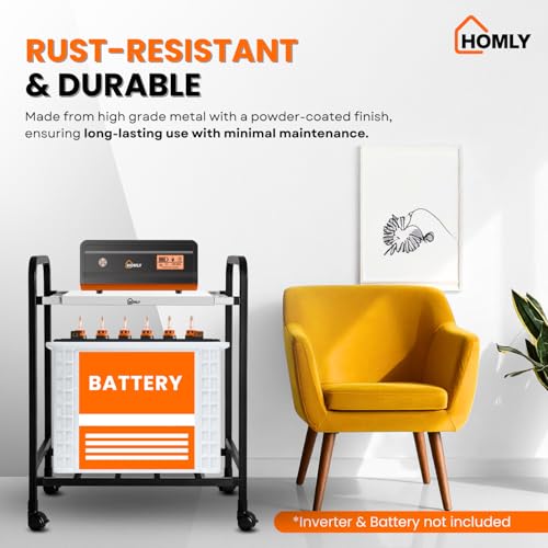 Image of Homly Uni Base Inverter Battery UPS Trolley Stand with 360 Rotating Lockable Wheels | Compact & Rust Resistant Inverter Stand for Home | Supports 1 Inverter & 1 Battery Upto 100 kg - Black & White