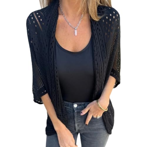 Emboadlie Hollow Half Sleeve Cardigan, Lightweight Hollow Knit Half-Sleeve Cardigan, Elegant Solid Shrugs