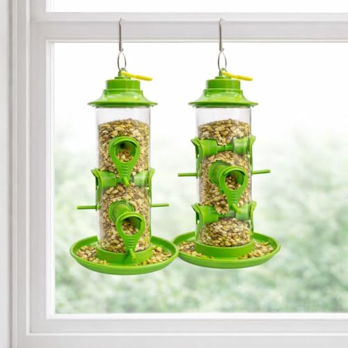 Image of rizopets Hanging Need Hut Shape Bird Feeder,6 Feeding Nozzles Green, Transparent Tube,Perch Feeder for Outdoor Garden,Balconies Pack of 2