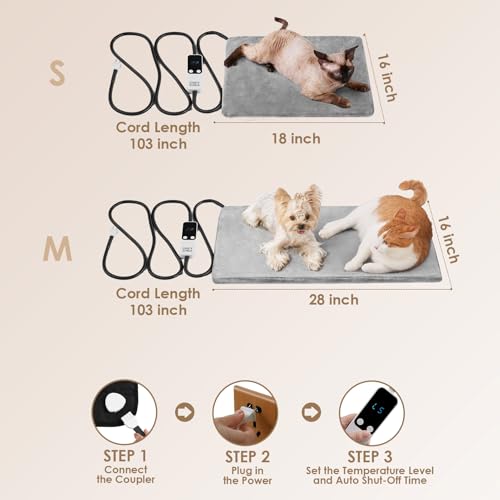 EHEYCIGA Heated Cat Bed Indoor, 6 Adjustable Temperature Dog Cat Heating Pad with Timer, Pet Heating Pad for Cats with Chew Resistant Cord, Waterproof Cat Heating Pad for Winter, 18\"x16\", Grey