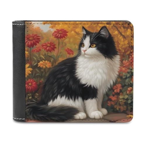 Long Hair Cow Cat Autumn Leather Wallets for Men Slim Bifold Purse Clutch with 6 Credit Card Pockets