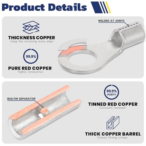 Haisstronica HX1607 600Pcs Non Insulated Ring Terminal Kit,Awg 22-10 Seamless Uninsulated Butt Splice Wire Terminals Assortment,Wire Crimp Connectors thumb #2