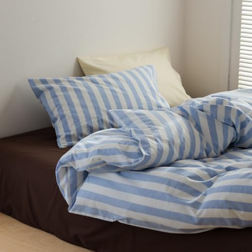 Image of Striped Duvet Cover King Size Blue White Stripes Geometric Bedding Set 3 Pieces Retro Vertical Stripe Soft Lightweight Microfiber Comforter Cover Set with Zipper Closure and 2 Pillowcases