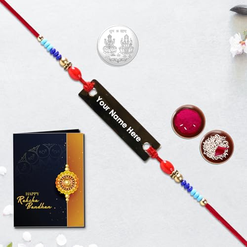 Image of Periapt Multicolor Rakhi Bracelet with Traditional Tilak Set, Pooja Coin and Greeting Card for Brother Raksha Bandhan Celebration