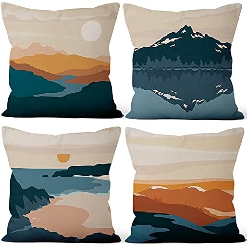 ZJRBJB Boho Abstract Throw Pillows,Watercolor Mountains Throw Pillow Cover Nature Sun Desert Landscape Modern Art Cushion Cover 16x16 Inch Set of 4, Boho Throw Pillows for Sofa Bedroom Decor Cover