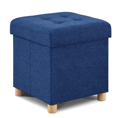 BRIAN & DANY Sitzhocker mit Stauraum und Deckel, Hocker mit Stauraum mit Holzfüßen, 38 x 38 x 38 cm, Marineblau