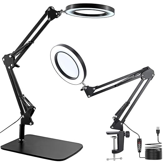 URBAN BOX 15X Magnifying Glass with Light, Table Lamp with Stand and Clamp, 2-in-1 LED Desk Lamp with Magnifier, 3 Color Modes, Real Glass Lens for Close Works, Craft, Hobby, Painting, Reading, Repair-image-0