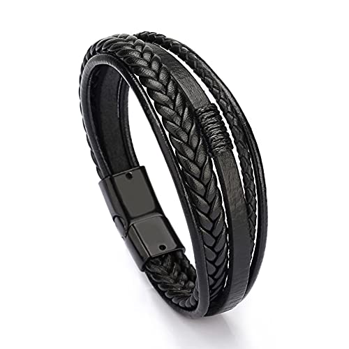 Bewoful Leather Bracelet Mens New With Magnetic Clasp Cowhide Multi-Layer Braided Leather Men Brown And Black Bracelets (Set B(2Pcs)), 20Cm, Dd04 #TOP2