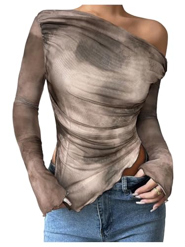 RoseSeek Women's Tie Dye Mesh Ruched T Shirts Long Sleeve Off The Shoulder Tops Date Night Outfit Multicolor Medium
