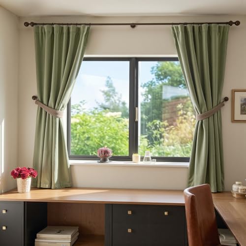 Image of Blackout Olive Sage Velvet Curtains Rod Pocket 52x72 Inch 2 Panels | Soft Velvet, Light Filtering, For Small Windows, Kitchens & Bathrooms, Light Shifting Texture, Elegant Drape, Serene