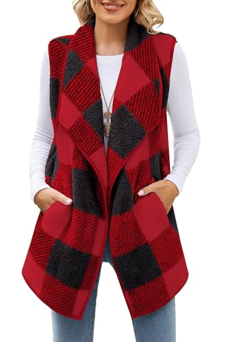 ReachMe Womens Plaid Vest Red Plaid Sherpa Vest with Pockets Faux Fur Vests Christmas Gifts for Women Fleece Vest(06 Black Red M)
