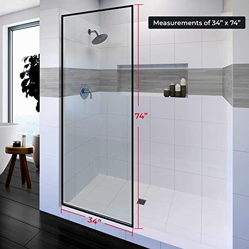 Velvon Framed Shower Glass Panel 34" W X 74" H - 3/8" (10Mm) Sgcc Tempered Glass Shower Panel - Fixed Shower Screen With Matte Black Silk Printing On Outer Edge By Fab Glass And Mirror #TOP6