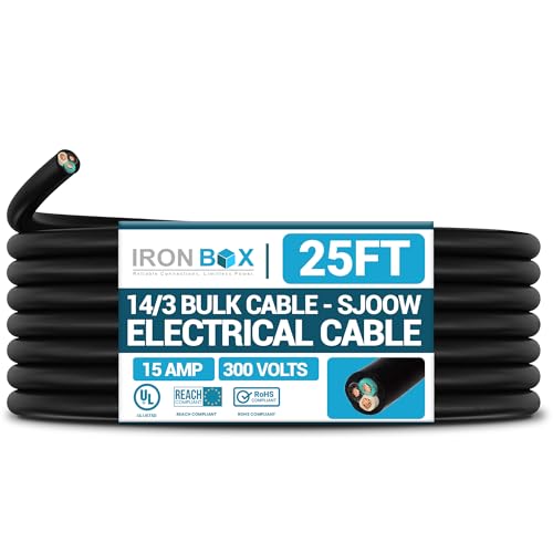 IronBox Electric 14/3 Bulk Cable - SJOOW Electrical Cable - 3 Wire Conductor, 15A, 300V - Water and Oil Resistant - Heavy Duty Portable Outdoor Extension Cord for Generator, HVAC Systems & More (25ft)