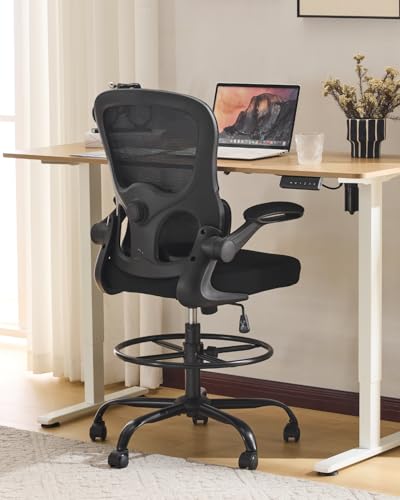 Image of Karl home Ergonomic Drafting Chair, Black | Lumbar Support, Flip-Up Armrests, Adjustable Height Footrest Ring, Breathable Mesh, Tall Swivel