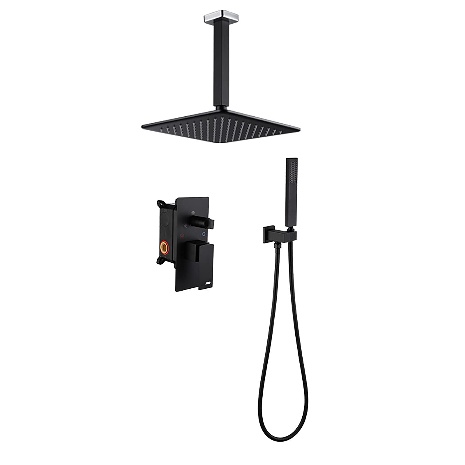 WOTZOV Shower System With 10" Square Rainfall Head With Handheld Combo Set, Ceiling Installation Faucet,Chrome，Nero
