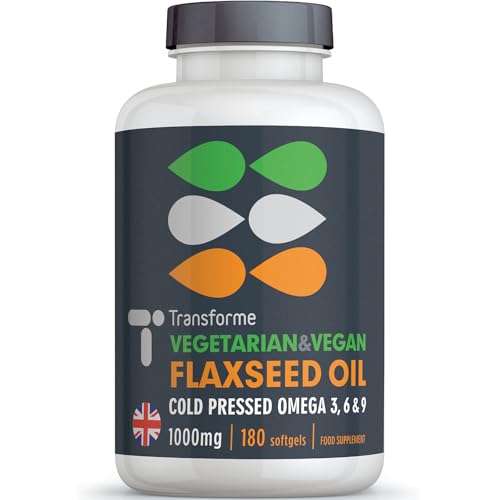 Flaxseed Oil Capsules Vegan Omega 3 6 9, 2000mg Serving, ALA, LA and Oleic Acid, 180 1000mg Softgels, Vegetarian Cold Pressed Flaxseed Oil, UK Made, by Transforme