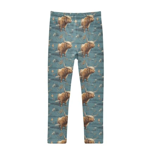 Girls Leggings Highland Cows Flower Soft Toddler Leggings for Girls Kids Pants Size 4T-10T