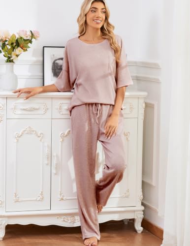 Image of JiniGolla Womens Pajama Sets Waffle Knit Short Sleeve Shirt with Long Pajama Pants Soft Sleepwear Pj Lounge Sets