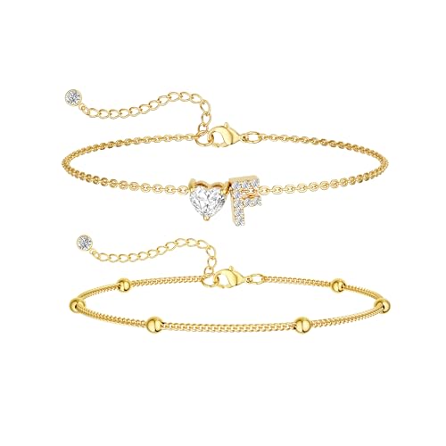 Image of Gold Initial Ankle Bracelets for Women, 14K Gold Plated Dainty Love Heart CZ Trendy Layered Letter A-Z Waterproof Anklets Fashion Jewelry Gift for Women