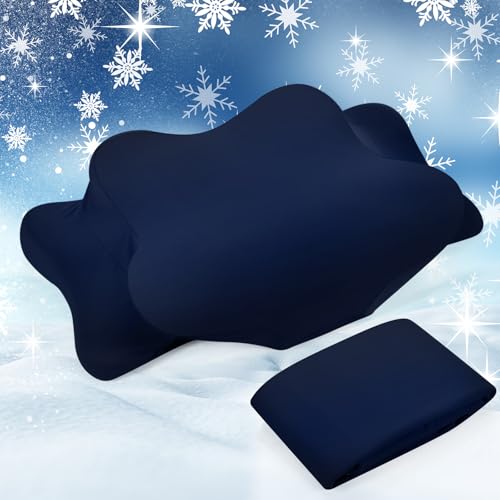 Hahafelt Cooling Cervical Neck Pillowcase Cover (Only Pillow Case) Ergonomic Pillowcase with Zipper for Hot Sleepers Pillow Cover for Side Back Sleepers Night Sweats(Navy Blue Standard Size)