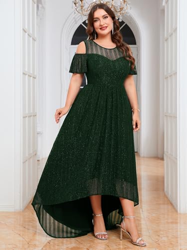 Image of ZOMVA Plus Size Sparkly Mesh Maxi Dress Cold Shoulder Ruffle Sleeve High Low A Line Dresses Wedding Guest Cocktail Party