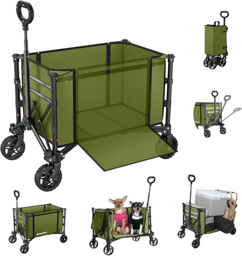 Carrello Pieghevole con Ruote 120L, 3 in 1 Vagone Pieghevole Convertibile in Panchina, 220lbs Carrello Acquisti di Generi Alimentari Carro Utile per Spiaggia, Giardino, Campeggio, Verde