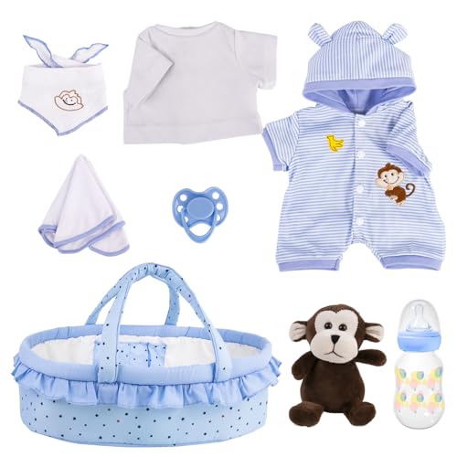 Aori 8 Pcs Reborn Baby Dolls Outfit Set with Bassinet Accessories for 16-18 Inch Baby Doll, Blue Carrier Bed and Baby Doll Clothes fit Newborn Baby Dolls
