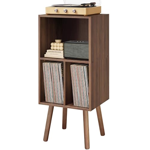Record Player Stand with Vinyl Storage, Wooden Vinyl Record Stand, Record Player Cabinet, Record Player Stand with Storage, Record Player Shelf for Bedroom, Office, 3 Tier, Walnut