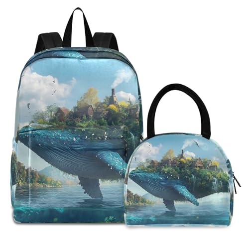 Backpack Lunch Bag Set Surreal Whale Print, Big Storage Travel Backpacks with Insulated Lunch Box for Office Hiking Picnic