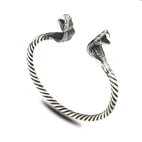 925 Sterling Silver Twisted Cuff Bracelet – Double King Cobra Snake Head Viking Bangle for Men – Handmade Nordic Warrior Jewelry