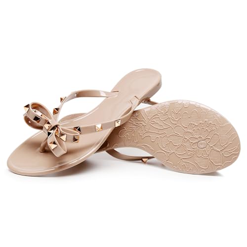 Womens Studded Sandals Flat Jelly Shoes Thong Flip Flops with Bow Stud Slip On Summer Beach Rivets Dressy Slides2