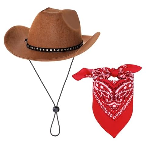 JTYKUYR Kids Brown Cowboy Hat with Red Bandanas,Kids Western Cowboy Set,Dress Up Party Denim Cosplay Children's Accessories Cover
