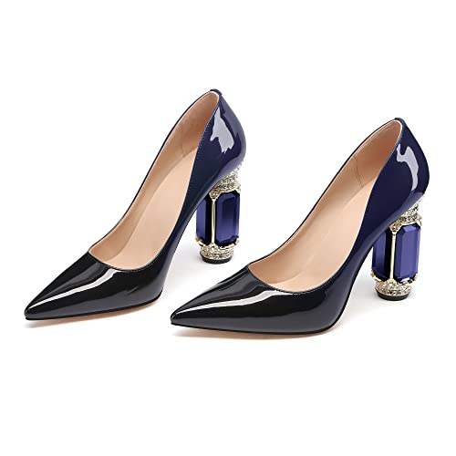 Image of JANSEVEN Women Chunky Heels Pumps Crystal Block Heels with Rhinestones Pointed Toe Sexy Gradient Patent Leather Slip on Bridal Party Wedding Dress Shoes 5-13 M US