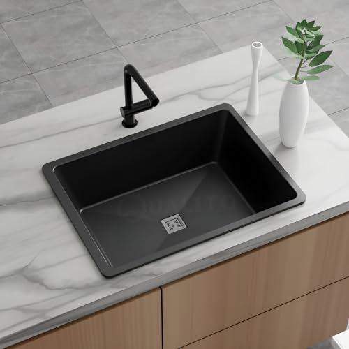 Image of QUALITO Quartz Kitchen Sink | 16x18x9 Inch, 10 mm Thickness | Single Bowl Granite Sink with Waste Coupling & Pipe | Easy to Clean, Sound & Heat Proof and Non Fading Colour (Black)