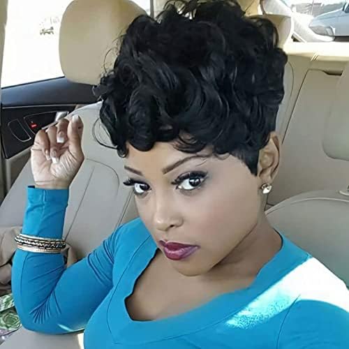 Flandi Black short curly wigs for black women Pixie Cut Wig Short Pixie Wigs for Women Short Black Curly Pixie Wigs Natural Wavy Synthetic Hair Pixie Wig for Women