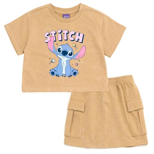 Image of Disney Lilo & Stitch Girls French Terry Cropped Drop Shoulder T-Shirt & Skirt Outfit Toddler to Big Kid Sizes (2T - 14-16)
