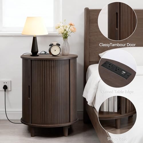 Image of DHH End Table Set of 2 with Storage & Charging Station, Fluted Accent Side Table with Sliding Door & Adjustable Shelf, Mid-Century Nightstand for Small Spaces, Living Room, Bedroom(2, Dark Walnut)