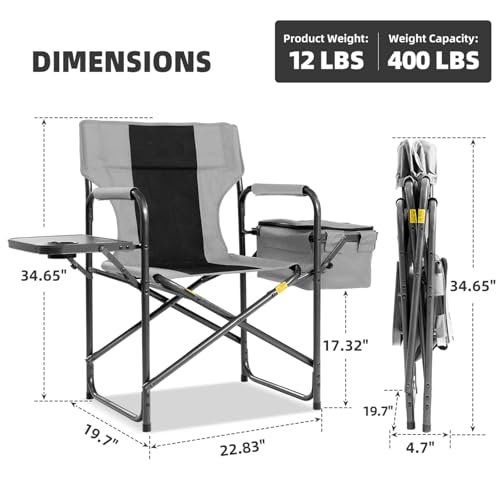 Silla de Camping Director con Bolsa Termica y Bandeja Lateral Plegable - Silla Resistente para Exterior de 400lbs, Plegable y Portátil para Pesca y Jardín (Negro y Gris) miniatura 3