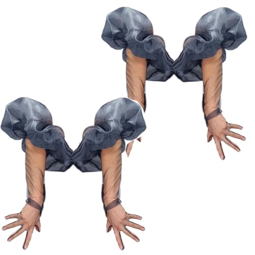 Image of LAQWARM Women Extra Long Opera Gloves Puff Sleeve Oversize Silk Ruffle Cuff Fancy Evening Wedding Mesh Gloves (Two pair Lace Black, One Size)