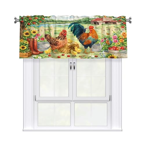 mutakin Rooster and Hen Valance Curtain for Kitchen Window Light Filtering Rod Pocket Small Short Valances for Living Room Bathroom 1 Panel 52x18 Inch
