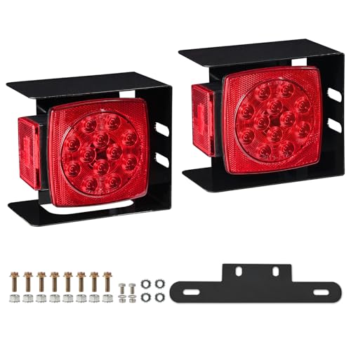 PVerandio 2pcs Submersible Square LED Trailer Light Kit 12V Red LED Stop Turn Tail Running Light w/Steel Mounting Boxes License Plate Bracket for Under 80