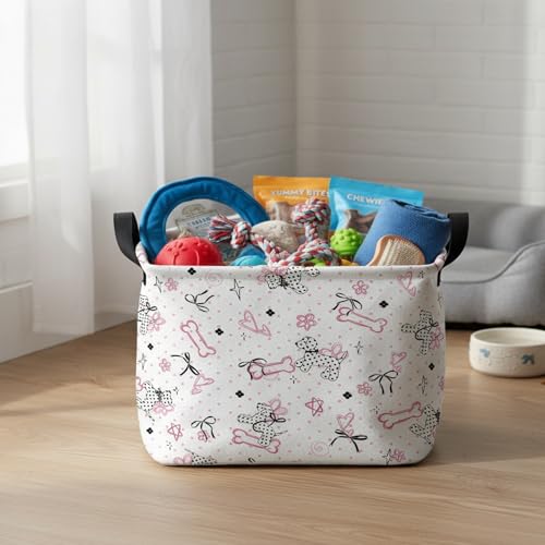 Image of Kid Dog Toy Basket, Pink Bone Black Bow | Rectangular, Collapsible Storage Bin, Baby Room Decor, Nursery Gift Basket