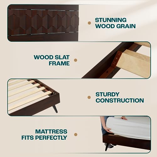 Bme Georgina Signature Bed Frame with Handcrafted Geometric Headboard, Mid Century Modern, Solid Acacia Wood, No Box Spring Needed, 12 Strong Wood Slats Support, Easy Assembly, Walnut, King by Bme - Image 2