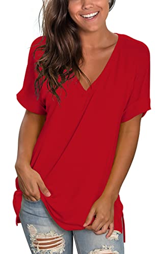 Image of Sampeel Women's V Neck T Shirts Casual Rolled Short Sleeve Side Split Summer Tops Loose Fit