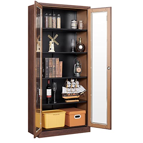 Lissimo Glass Display Cabinet, Metal Storage Cabinet Bookcase With Glass Doors And 4 Adjustable Shelves,5-Tier Curio Cabinet Liquor Cabinet For Home, Office And Exhibition Hall (Rustic Brown) #TOP6